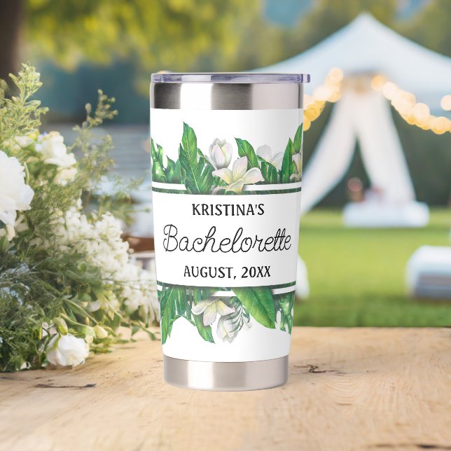 Modern Monogram Green Leaf Frame Bachelorette Insulated Tumbler (Wedding)