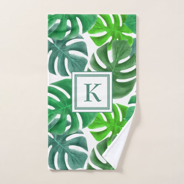 Modern Monogram Green Palm Leaves Bath Towel Set (Hand Towel)