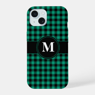Modern Monogram Green Plaid Pattern iPhone 15 Case