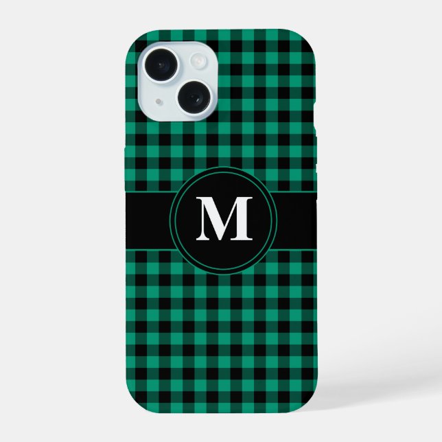 Modern Monogram Green Plaid Pattern iPhone 15 Case (Back)