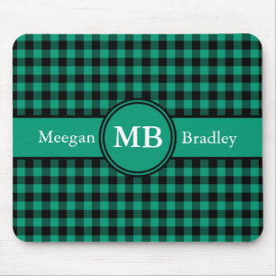 Modern Monogram Green Plaid Pattern Mouse Pad