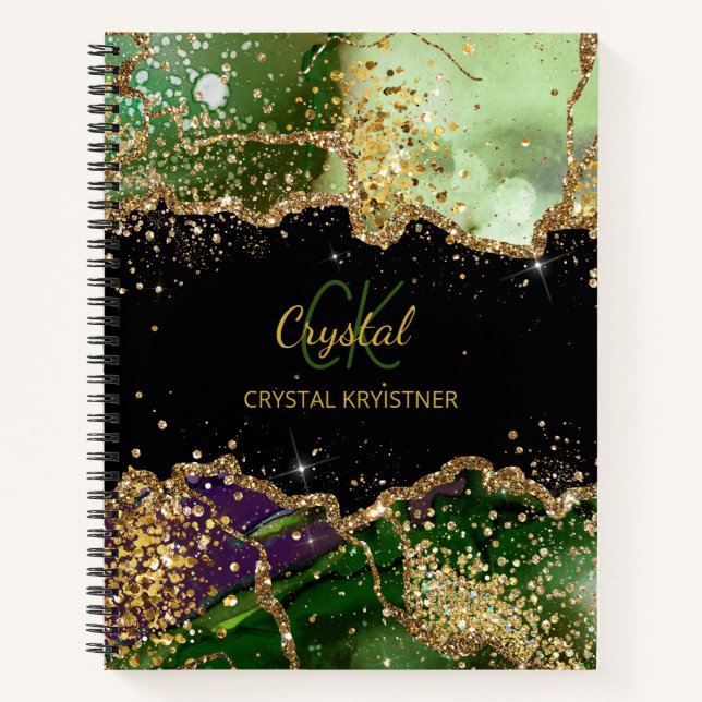 Modern Monogram Green purple Agate Glitter Notebook (Front)