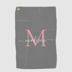 Modern Monogram Grey Blush Pink Girly Chic Script Golf Towel