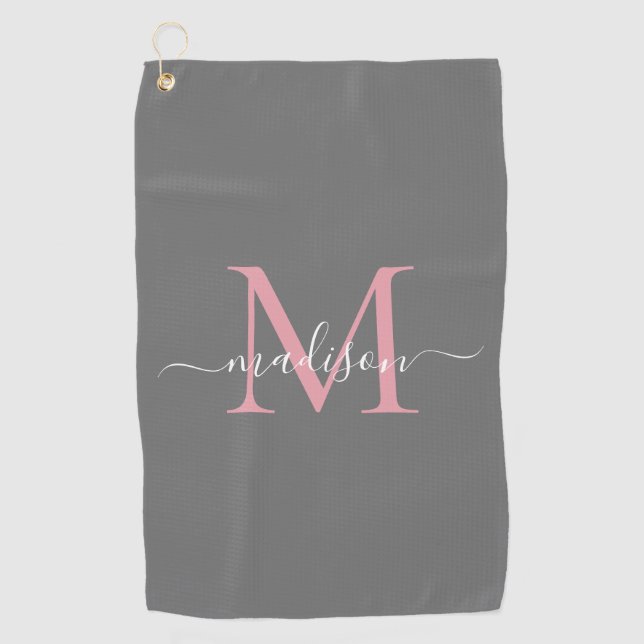 Modern Monogram Grey Blush Pink Girly Chic Script Golf Towel (Front)