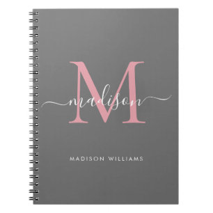 Modern Monogram Grey Blush Pink Girly Script Name Notebook