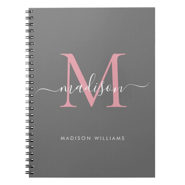 Modern Monogram Grey Blush Pink Girly Script Name Notebook (Front)