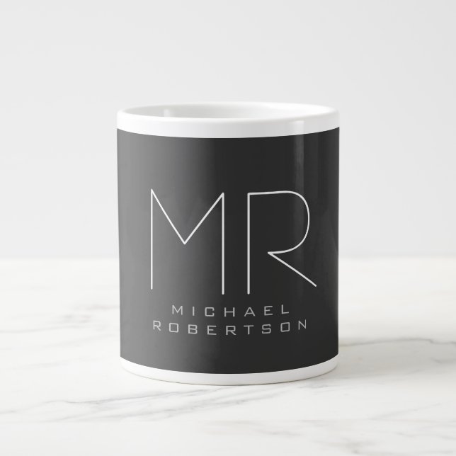 Modern Monogram Grey White Minimalist Large Coffee Mug (Front)
