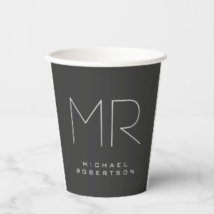 Modern Monogram Grey White Minimalist Paper Cups