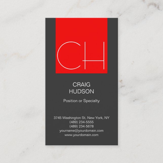Modern Monogram Grey White Red Business Card (Front)