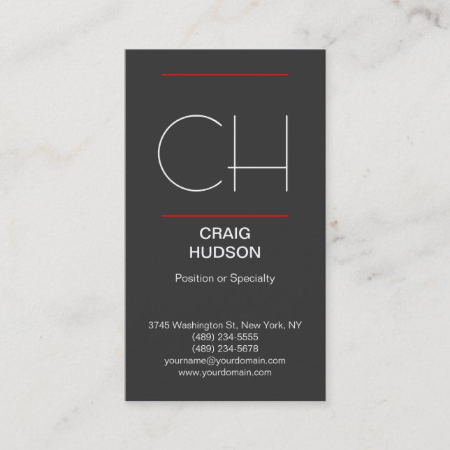 Modern Monogram Grey White Red Business Card (Front)