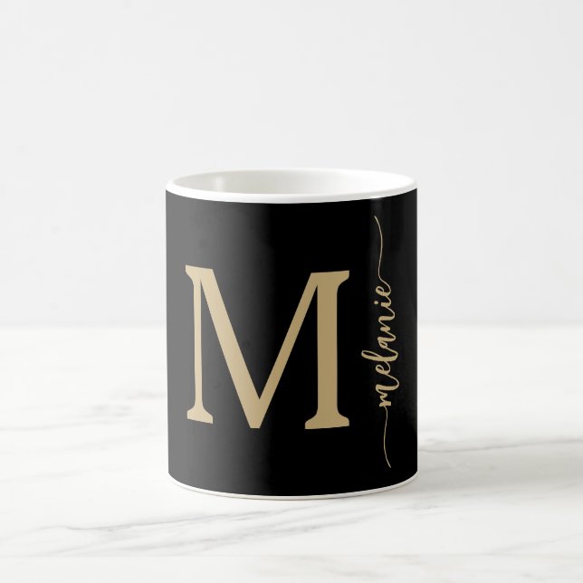 Modern Monogram Hand Lettered Gold Black Mug (Center)