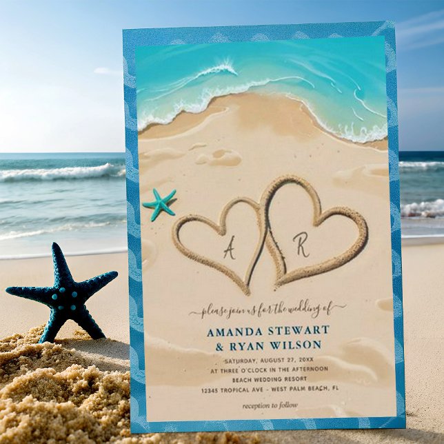 Modern Monogram Hearts in the Sand Wedding Invitation (Creator Uploaded)