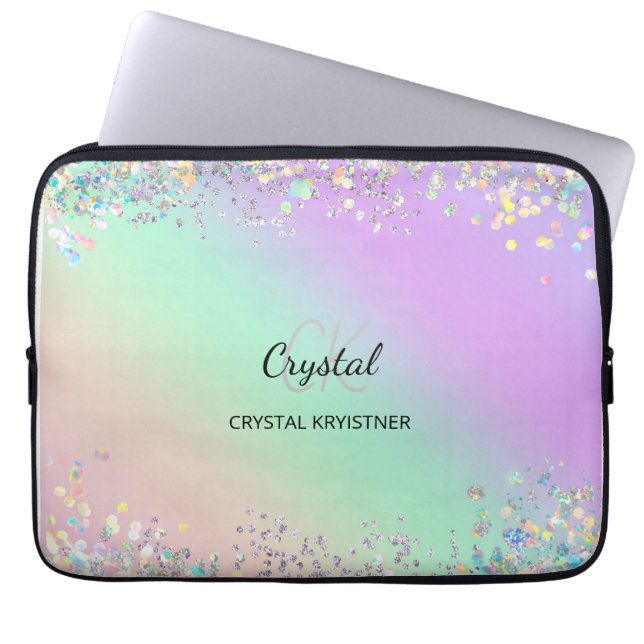 Modern Monogram Holographic Pastel Glitter  Laptop Sleeve (Front)
