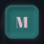 Modern Monogram Inital Letter Green Pink Paper Plate<br><div class="desc">Preppy,  simple,  minimalist monogram-themed party supplies in deep blueish green and pastel pink colours.</div>