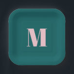 Modern Monogram Inital Letter Green Pink Paper Plate<br><div class="desc">Preppy,  simple,  minimalist monogram-themed party supplies in deep blueish green and pastel pink colours.</div>
