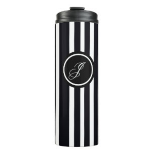 Modern Monogram Initial Black & White Striped Art Thermal Tumbler