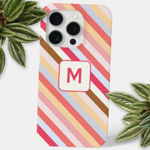 Modern Monogram Initial Diagonal Candy Stripe iPhone 15 Pro Case