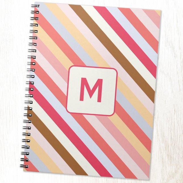 Modern Monogram Initial Diagonal Candy Stripe Notebook (Modern muted diagonal candy stripe monogram initial personalized notebook)
