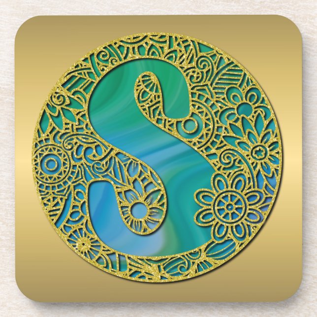 Modern Monogram Initial Gold Letter and Turquoise Coaster (Front)