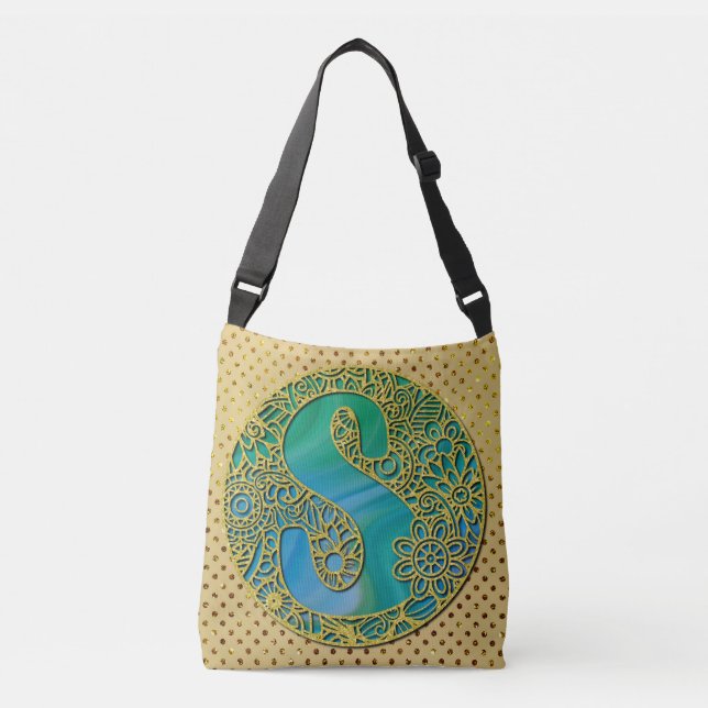 Modern Monogram Initial Gold Letter and Turquoise Crossbody Bag (Front)