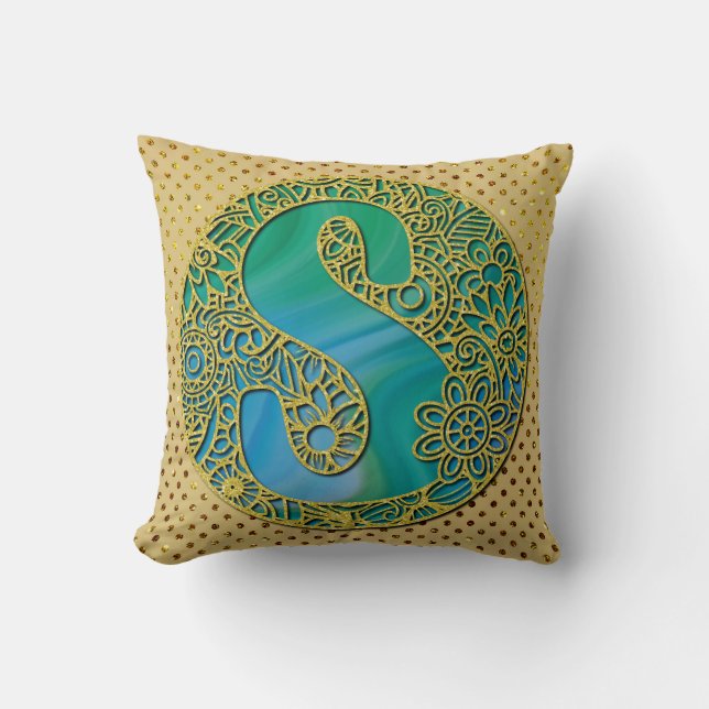 Modern Monogram Initial Gold Letter and Turquoise Cushion (Front)