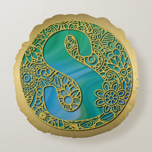 Modern Monogram Initial Gold Letter and Turquoise Round Cushion (Front)