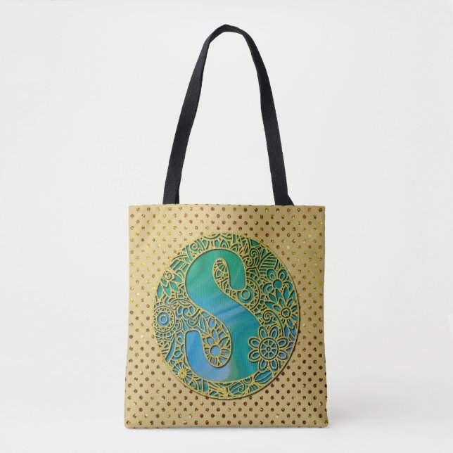 Modern Monogram Initial Gold Letter and Turquoise Tote Bag (Front)