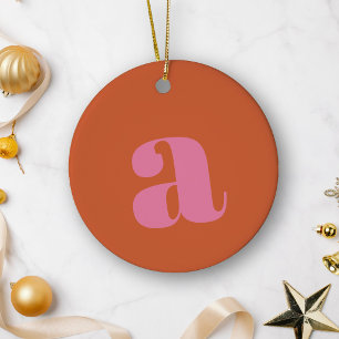 Modern Monogram Initial Letter Pink Burnt Orange  Ceramic Tree Decoration