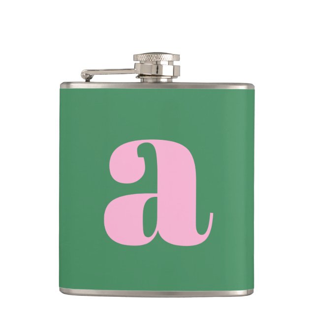 Modern Monogram Initial Letter Pink Green Wedding Hip Flask (Front)