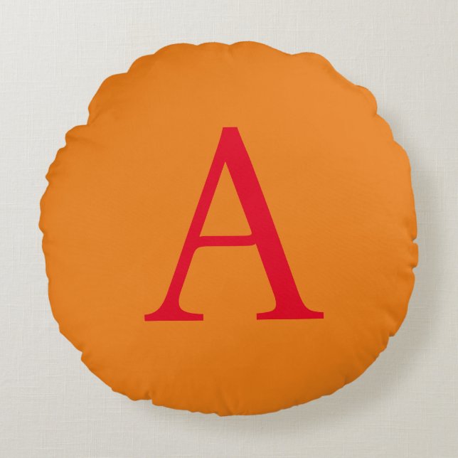 Modern Monogram Initial Letter Trendy Orange Red Round Cushion (Front)