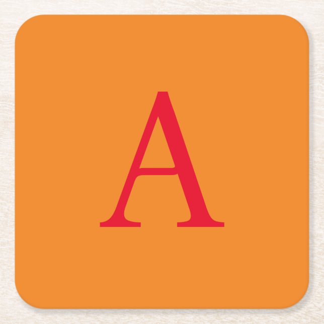 Modern Monogram Initial Letter Trendy Orange Red Square Paper Coaster (Front)