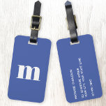 Modern Monogram Initial Luggage Tag<br><div class="desc">Modern lower case typography minimalist monogram initial design which can be changed to personalise,  along with the details on the reverse. White on a blue background.</div>