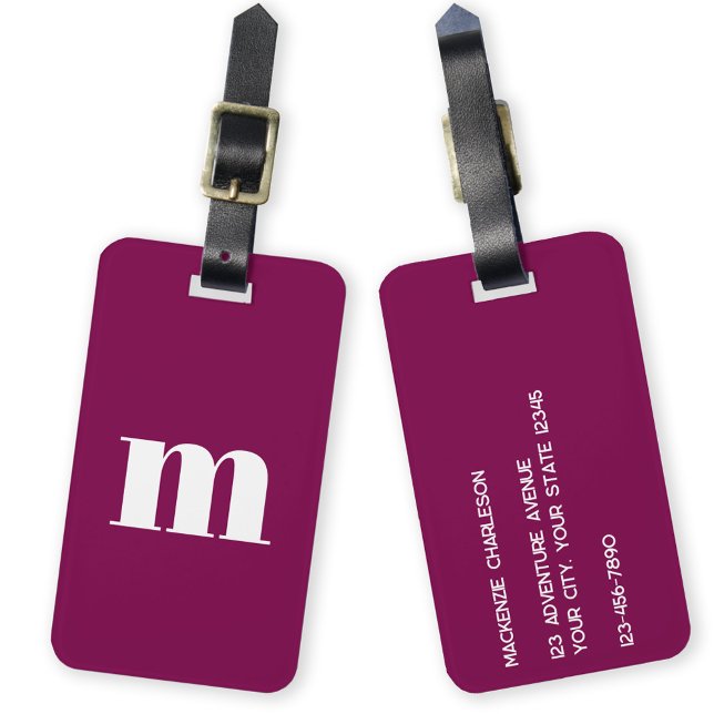 Modern Monogram Initial Luggage Tag (Simple lower case modern monogram initial personalized luggage tag in dark pink burgundy)