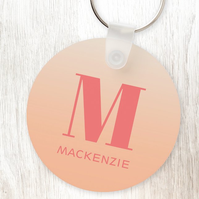 Modern Monogram Initial Name Peach Gradient Key Ring (Peach gradient monogram initial name personalized keychain)