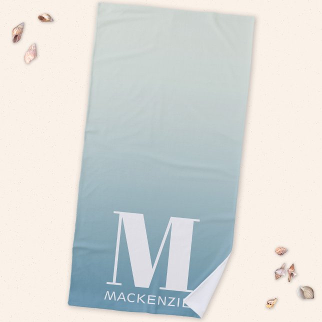 Modern Monogram Initial Name Teal Aqua Gradient Beach Towel (Modern monogram initial name personalized aqua teal blue green gradient beach towel)