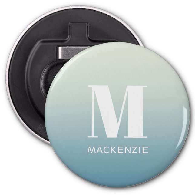 Modern Monogram Initial Name Teal Aqua Gradient Bottle Opener (Modern monogram initial name personalized gradient button bottle opener)
