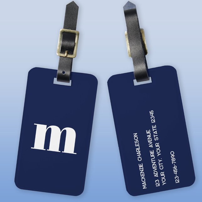 Modern Monogram Initial Navy Blue Luggage Tag (Modern lowercase initial monogram personalized luggage tag)