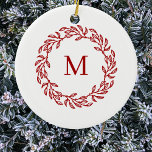 Modern Monogram Initial Red Leaf and Berry Wreath Ceramic Tree Decoration<br><div class="desc">Brighten up your home with this charming red leaf and berry wreath design featuring a stylish modern monogram initial at its centre. Perfect for adding a personal touch to your holiday decor, this vibrant wreath is ideal for the holidays. It's bold colour and elegant design make it a delightful accent...</div>