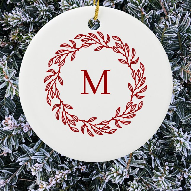 Modern Monogram Initial Red Leaf and Berry Wreath Ceramic Tree Decoration (Modern monogram initial red and white leafy botanical wreath Christmas ornament)