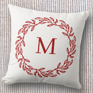 Modern Monogram Initial Red Leaf and Berry Wreath Cushion