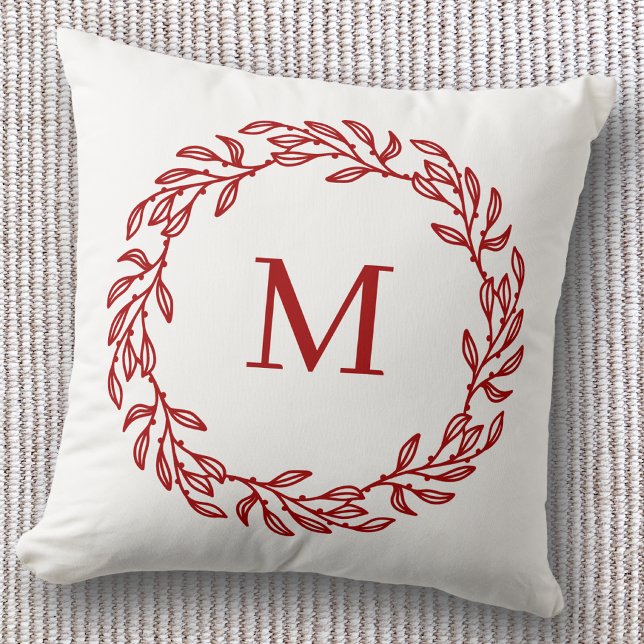 Modern Monogram Initial Red Leaf and Berry Wreath Cushion (Modern monogram initial red and white leafy botanical wreath throw pillow)