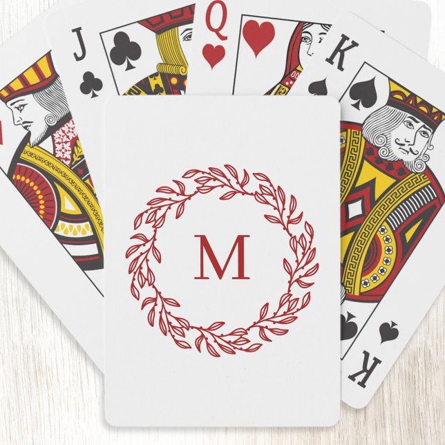 Modern Monogram Initial Red Leaf and Berry Wreath Playing Cards (Monogram initial leaf wreath red and white personalized playing cards)