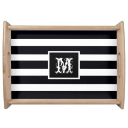 Modern Monogram Initial Simple Elegant Black White Serving Tray