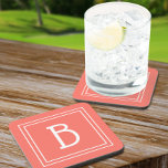 Modern Monogram Initial Template Simple Coral Coaster<br><div class="desc">Modern & Stylish personalised monogram added to decorative chic updated style pattern coaster in soft coral and white. Great gift idea! Easily customise with design tool to make it your own! Contact me at beachpausedesigns@gmail.com if you need help or have questions with this or any of our designs. Other design...</div>