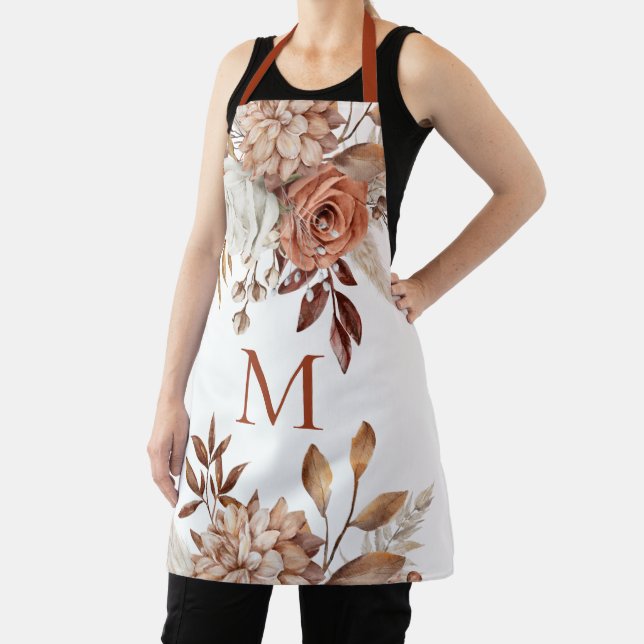 Modern Monogram Initial Terracotta Florals Apron (Insitu)