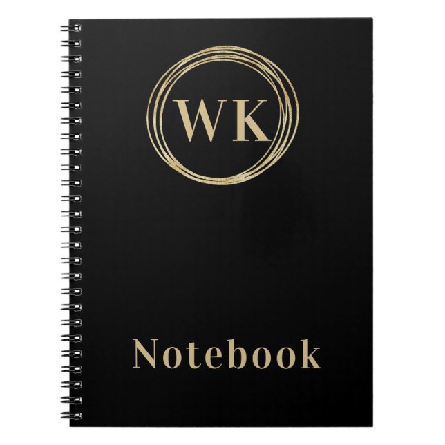 Modern Monogram Initials Black Gold Circles Notebook (Front)