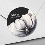 Modern Monogram Initials Flower Black Wedding Classic Round Sticker<br><div class="desc">Cute and simple modern black and white flower wedding design. A classic but whimsical look with black, grey and cream coloured flowers with white fonts and modern lettering. Edit all of the text to your own information. You can even change out the background colour to anything you want! I also...</div>