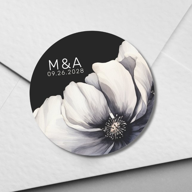 Modern Monogram Initials Flower Black Wedding Classic Round Sticker (Modern Monogram Initials Flower Black Wedding Classic Round Sticker)