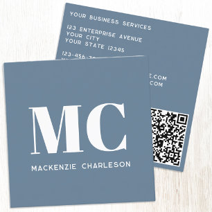 Modern Monogram Initials QR Code Dusty Blue Grey Square Business Card