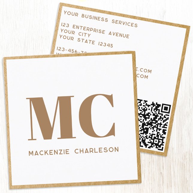 Modern Monogram Initials QR Code Gold Frame Square Business Card (Minimalist monogram initial QR code faux gold foil frame professional business card)